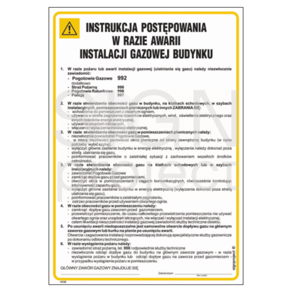 Instrukcja postępowania w razie awarii instalacji gazowej budynku