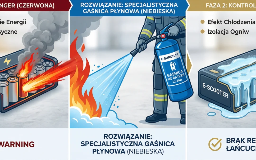 Pożary baterii litowo-jonowych (hulajnogi, e-bike, smartfony) – jak i czym je bezpiecznie gasić? [Przewodnik Eksperta PPOŻ]